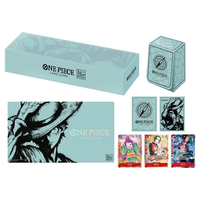 Coffret One Piece Card Game 1st Anniversary Set avec playmat Luffy, deck box, storage box, sleeves et cartes promo exclusives
