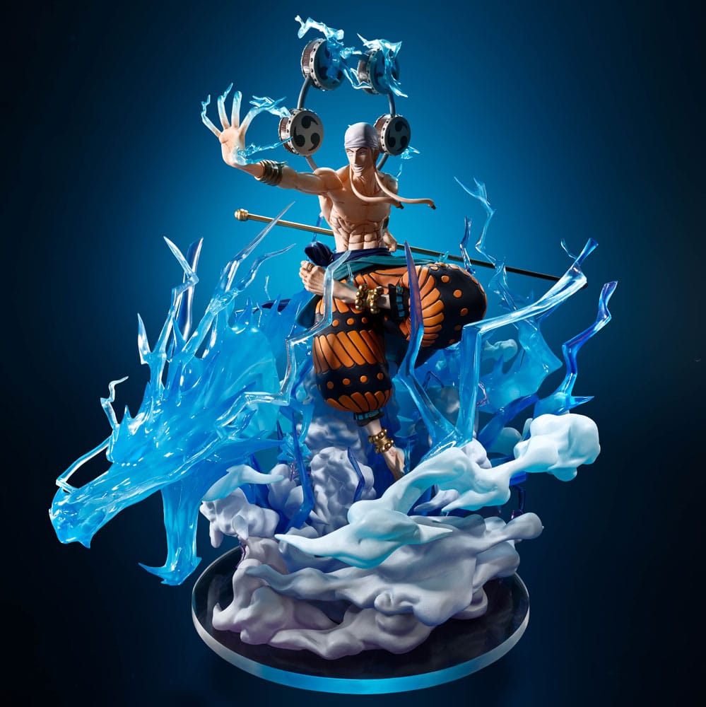 Figurine d'Enel de One Piece lançant une attaque électrique, entouré de foudre bleue, issue de la collection Figuarts ZERO Extra Battle.