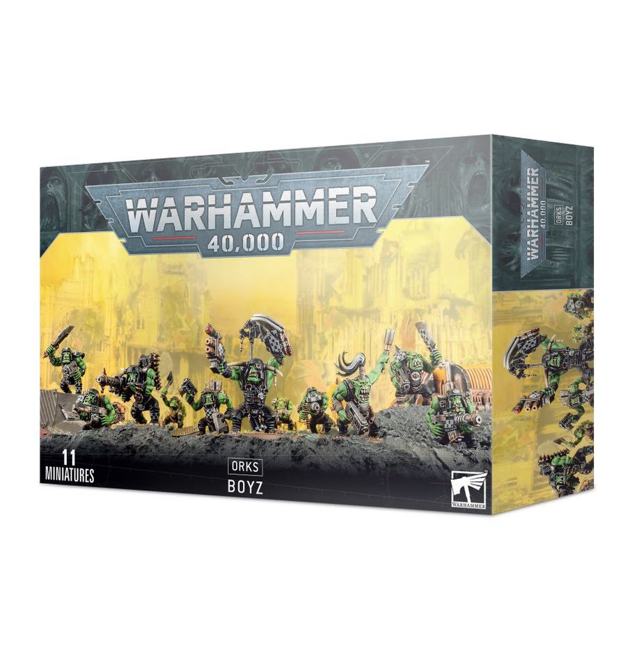 Boîte Warhammer 40K – Boyz Orks, 11 figurines de peaux-vertes armées pour le combat, idéales pour les armées Orks.