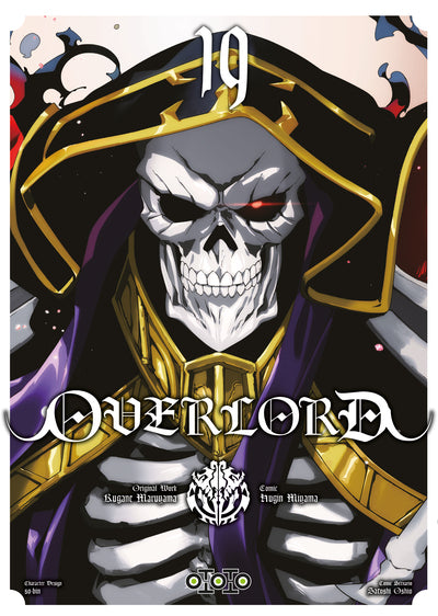 Overlord tome 19 avec Ainz Ooal Gown, le seigneur squelette, vêtu d’une cape noire et or, fixant avec des yeux rouges flamboyants.