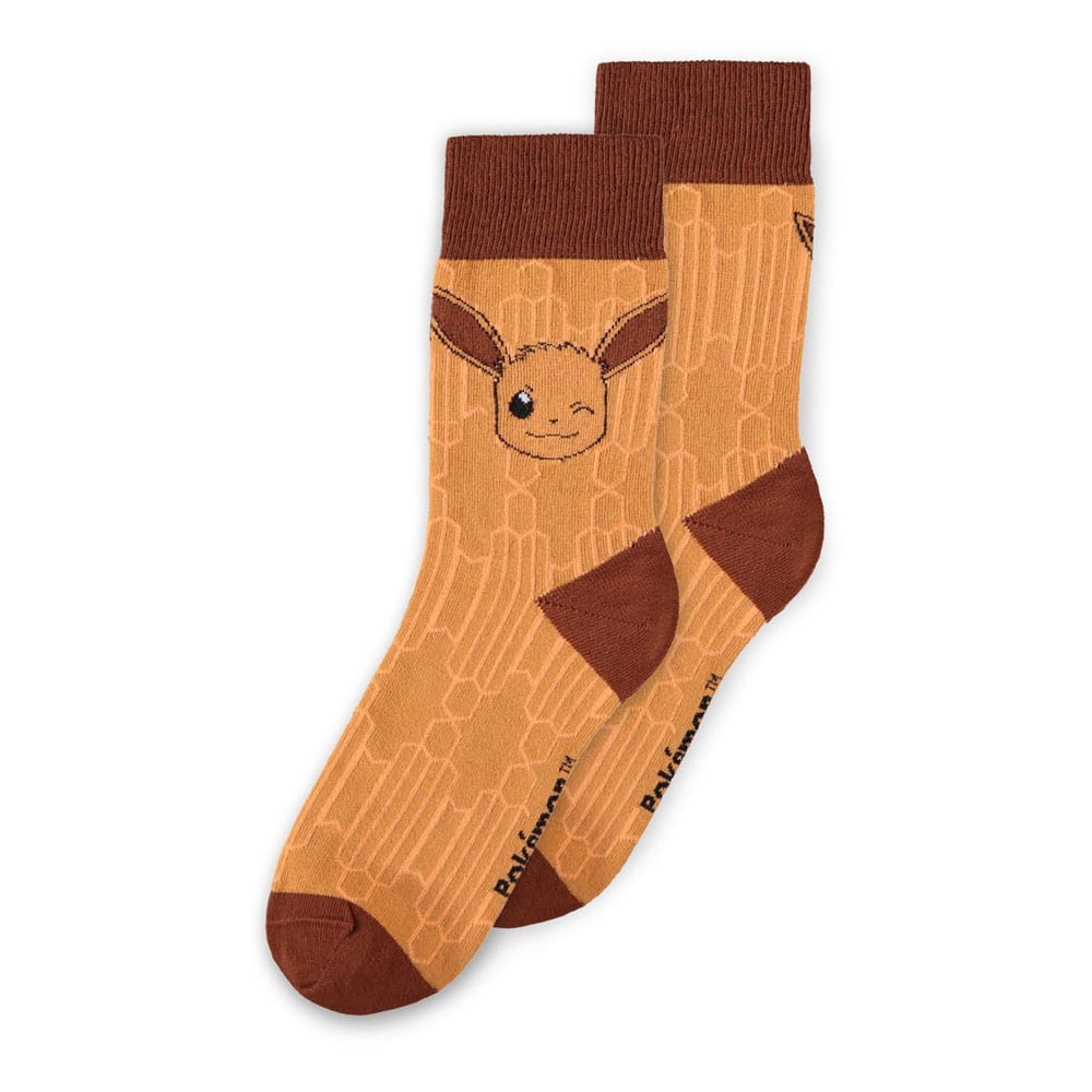 Pack de trois chaussettes Pokémon représentant Évoli, Mentali en rose et Noctali en noir avec embouts colorés assortis.