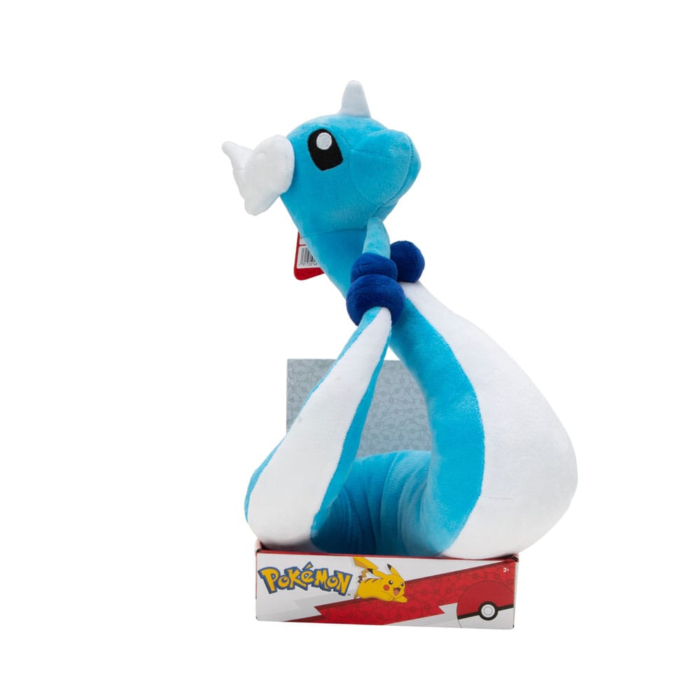 Peluche officielle Pokémon Draco assis, bleue et blanche, avec détails brodés