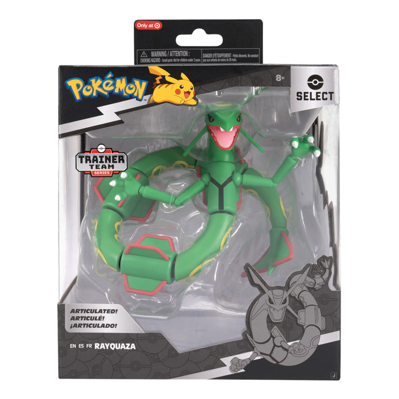 Boîte Pokémon Select Rayquaza 15 cm avec figurine verte super articulée visible à travers l’emballage.