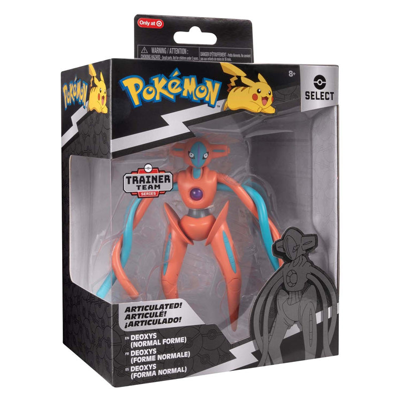Boîte Pokémon Select Deoxys Forme Normale 15 cm avec figurine orange et bleue super articulée visible dans l’emballage.