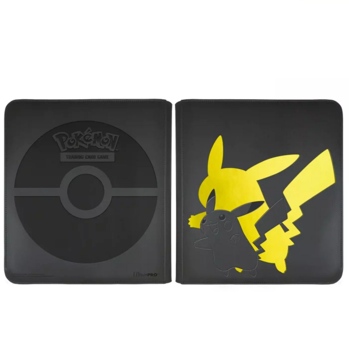 Portfolio Ultra Pro Pokémon avec Pikachu jaune embossé sur fond noir, format 12 pochettes par page