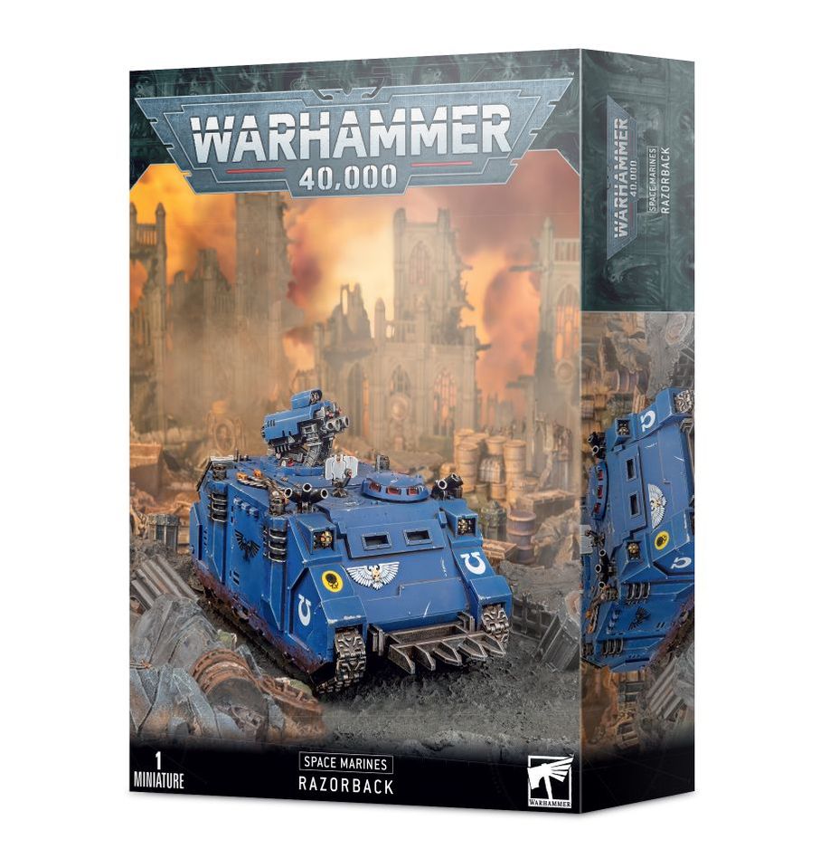 Figurine Warhammer 40,000 Razorback Space Marines – véhicule blindé bleu ultramarine avec tourelle armée