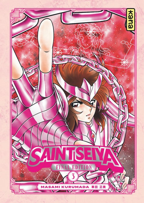 manga Saint Seiya Final Edition tome 3, montrant Shun en armure rose avec sa chaîne, sur fond de constellation étoilée rouge.