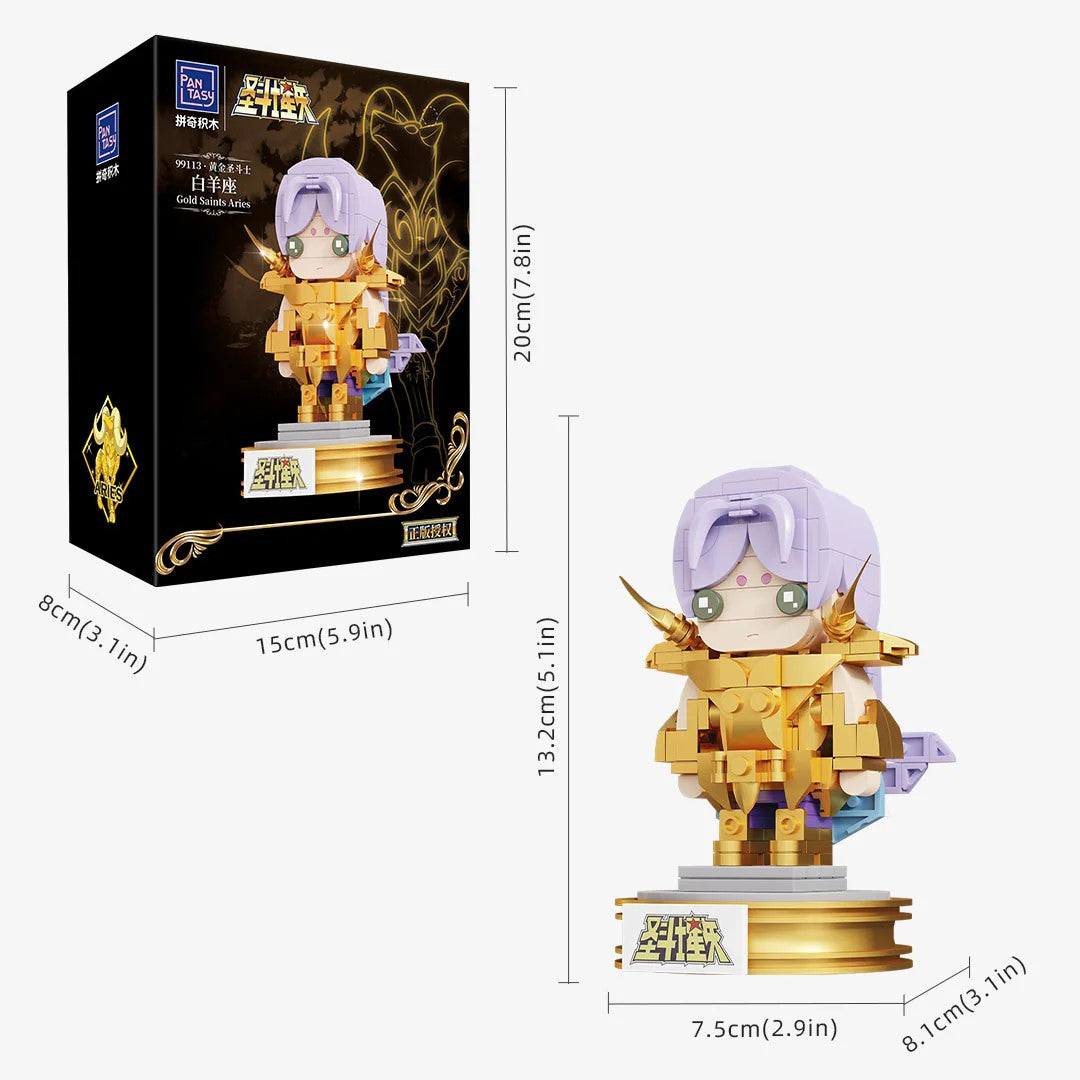 Pantasy Mini Gold Aries – Figurine à construire en briques du Chevalier du Bélier (Mu) de Saint Seiya en version chibi avec armure dorée