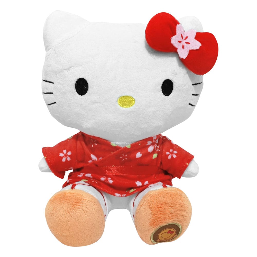 Peluche Hello Kitty de 24 cm portant un kimono rouge fleuri et un grand nœud rouge orné d’une fleur rose.