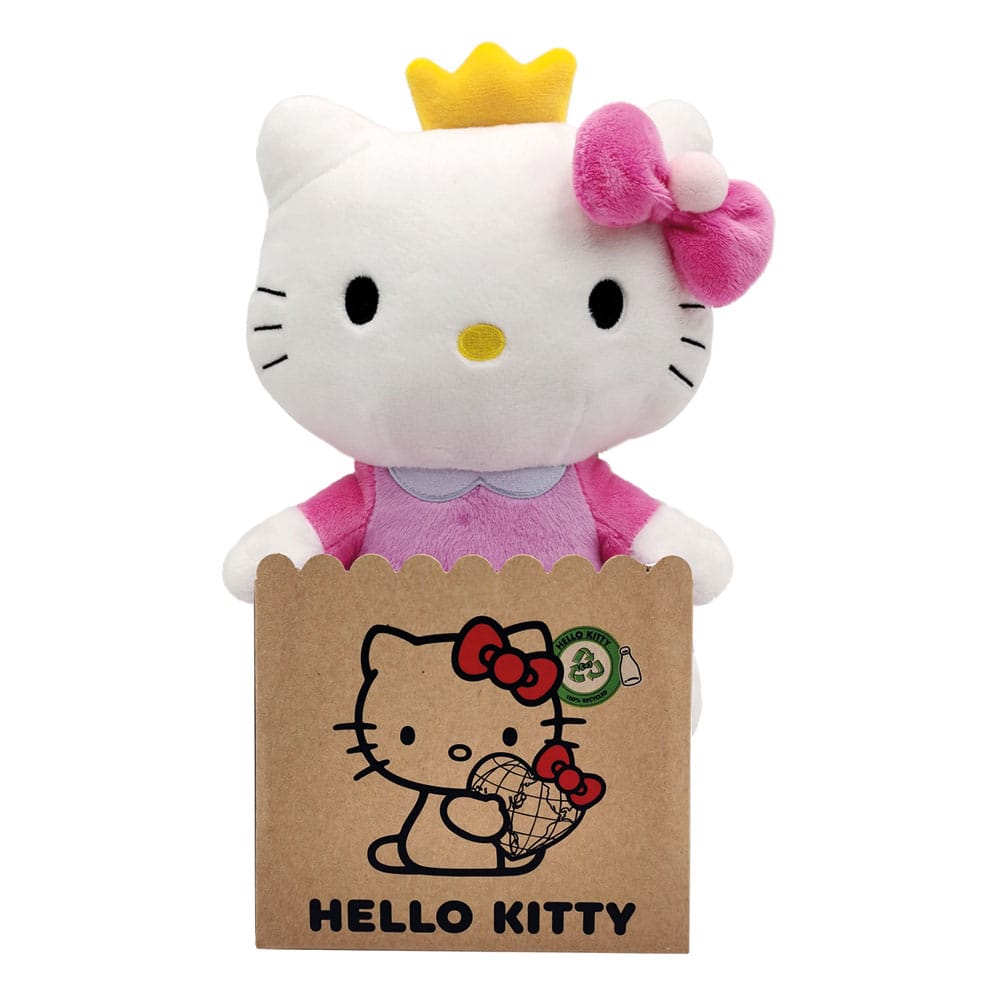 Peluche Hello Kitty Princesse 24 cm avec robe rose, couronne dorée et nœud assorti, design officiel Sanrio