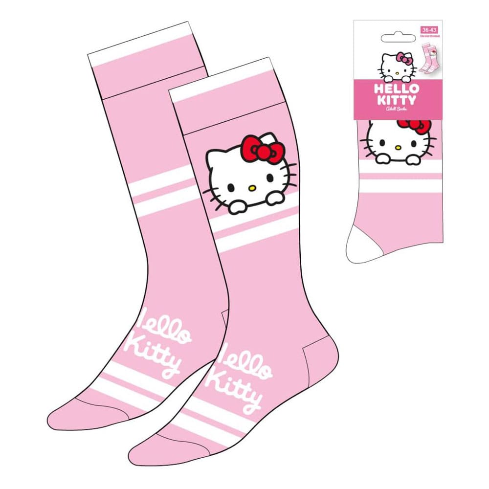 Paire de chaussettes roses Hello Kitty avec bandes blanches et motif du visage de Hello Kitty, taille 36-43, produit officiel Sanrio.