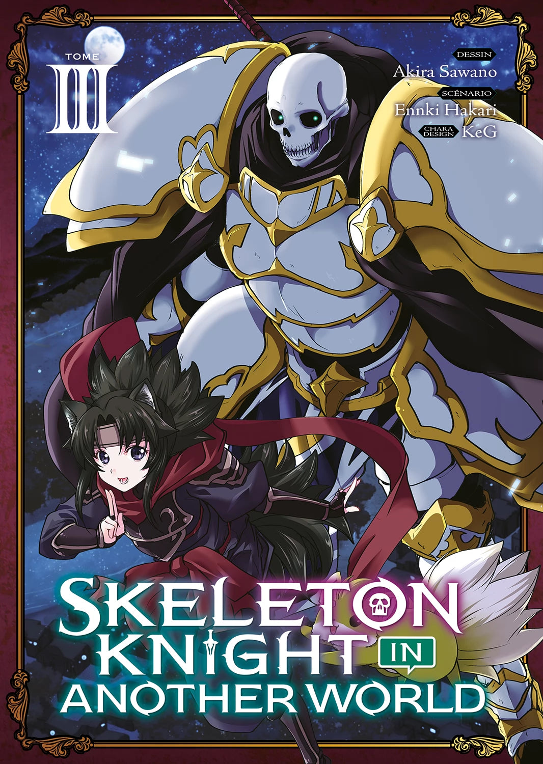 manga Skeleton Knight in Another World – Un chevalier squelette en armure dorée accompagné d’une aventurière.