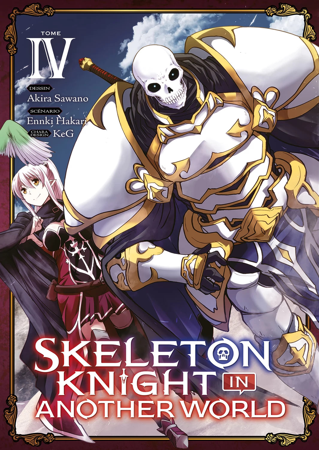 manga Skeleton Knight in Another World – Un chevalier squelette en armure dorée accompagné d’une aventurière.