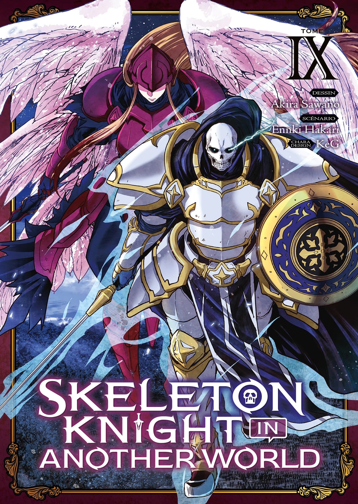 manga Skeleton Knight in Another World – Un chevalier squelette en armure dorée accompagné d’une aventurière.