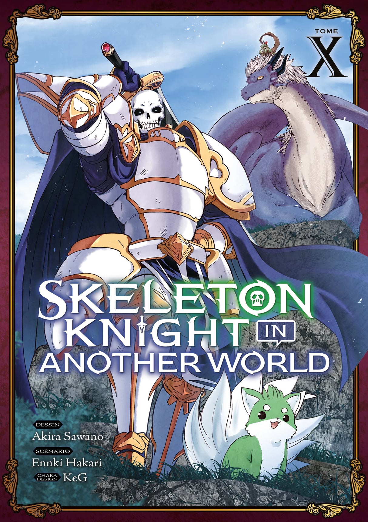 manga Skeleton Knight in Another World – Un chevalier squelette en armure dorée accompagné d’une aventurière.