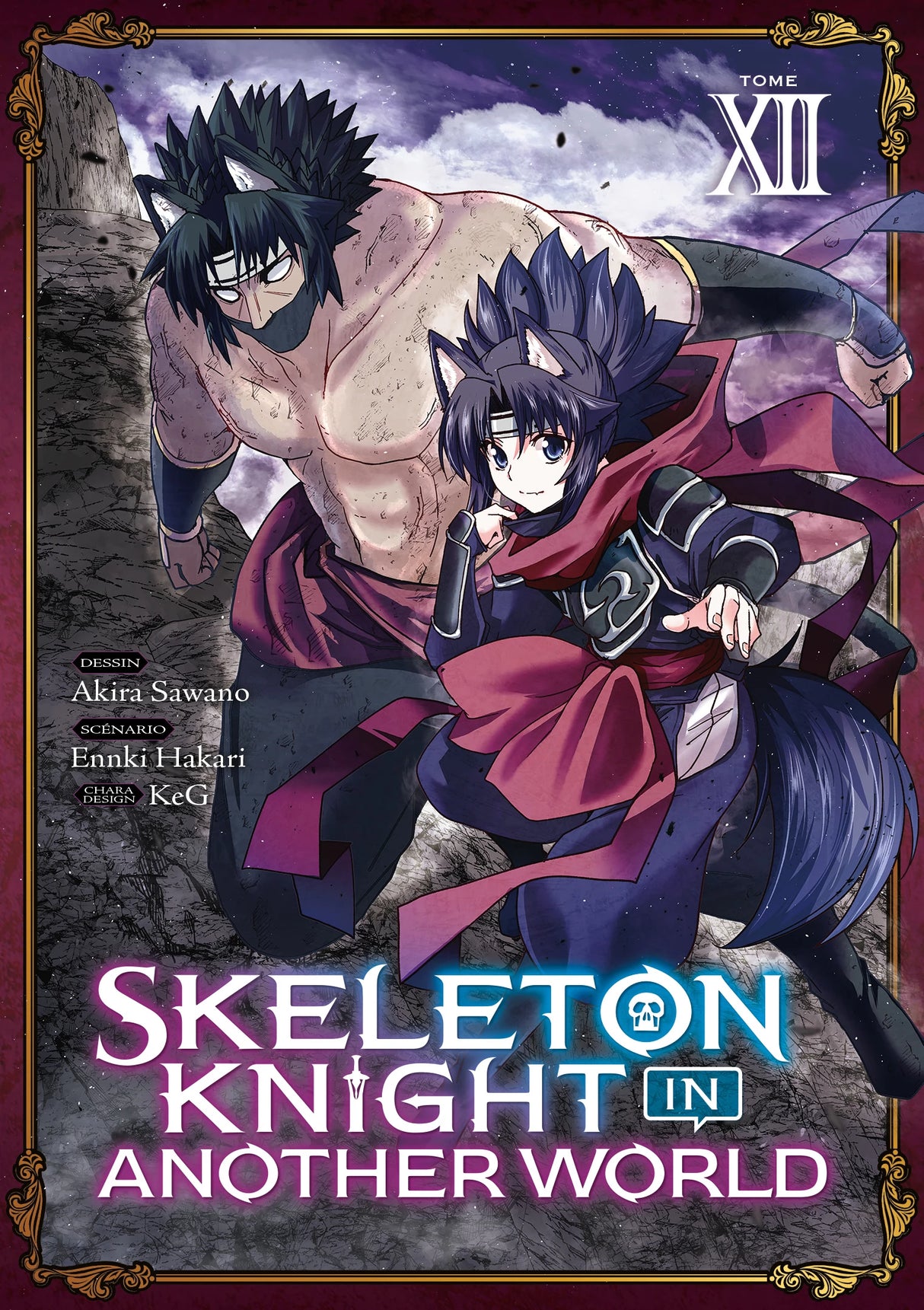 manga Skeleton Knight in Another World – Un chevalier squelette en armure dorée accompagné d’une aventurière.