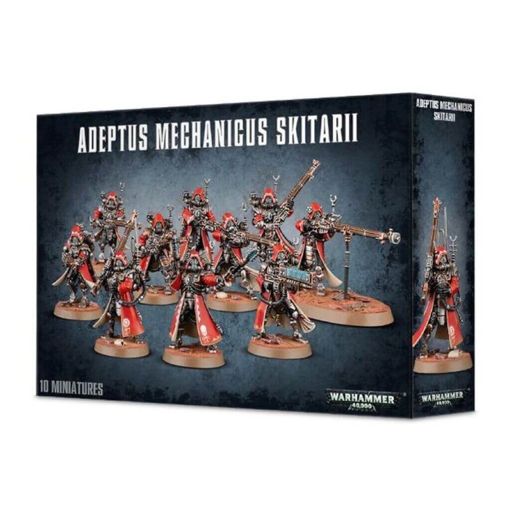 Boîte des Skitarii Adeptus Mechanicus pour Warhammer 40,000. Ce kit contient 10 soldats cybernétiques personnalisables, armés d’armes avancées pour le combat tactique à distance.