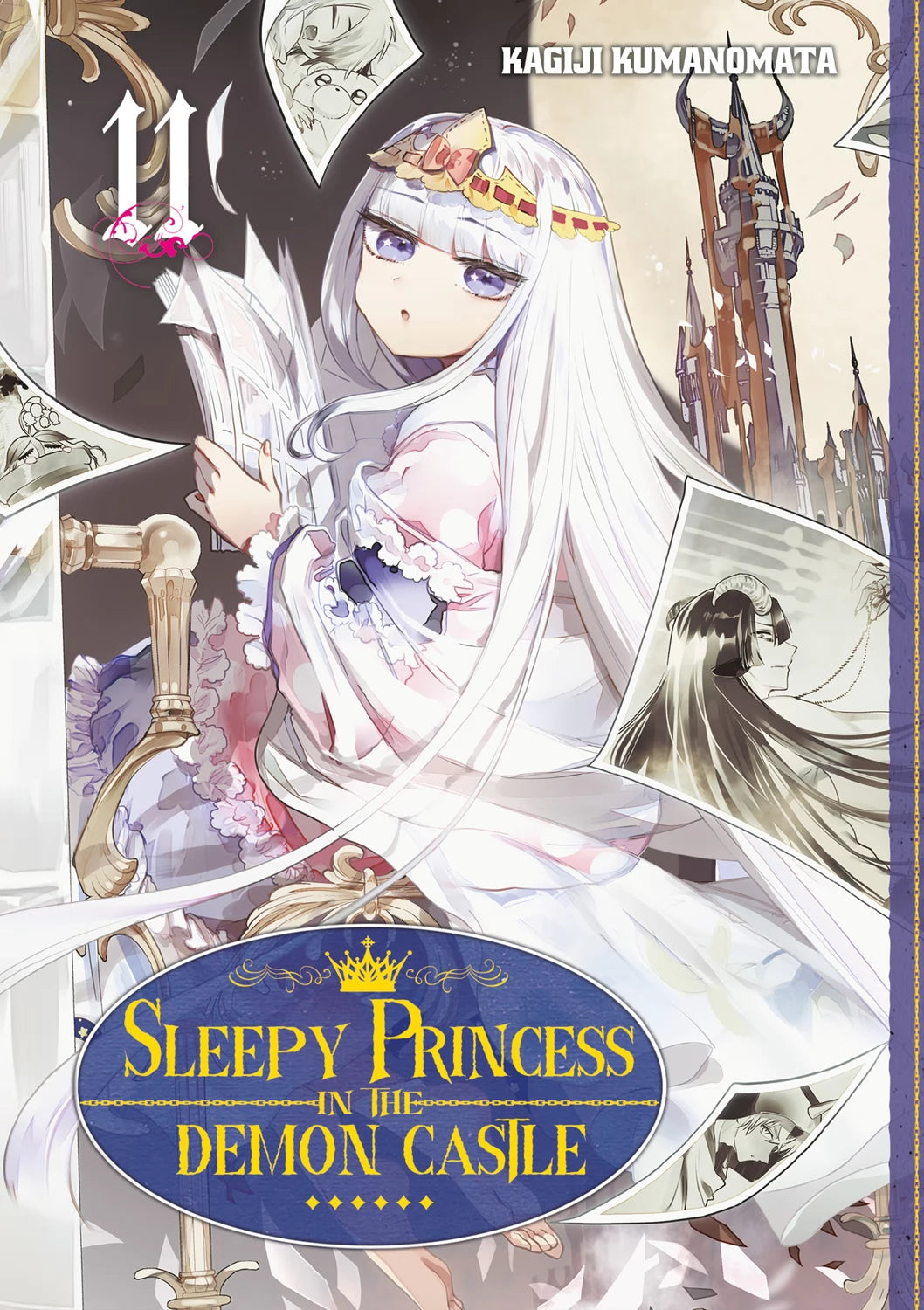 tome 11 de Sleepy Princess in the Demon Castle, montrant la princesse Syalis en robe de chambre rose, lisant des documents mystérieux dans un décor mêlant château et illustrations volantes.
