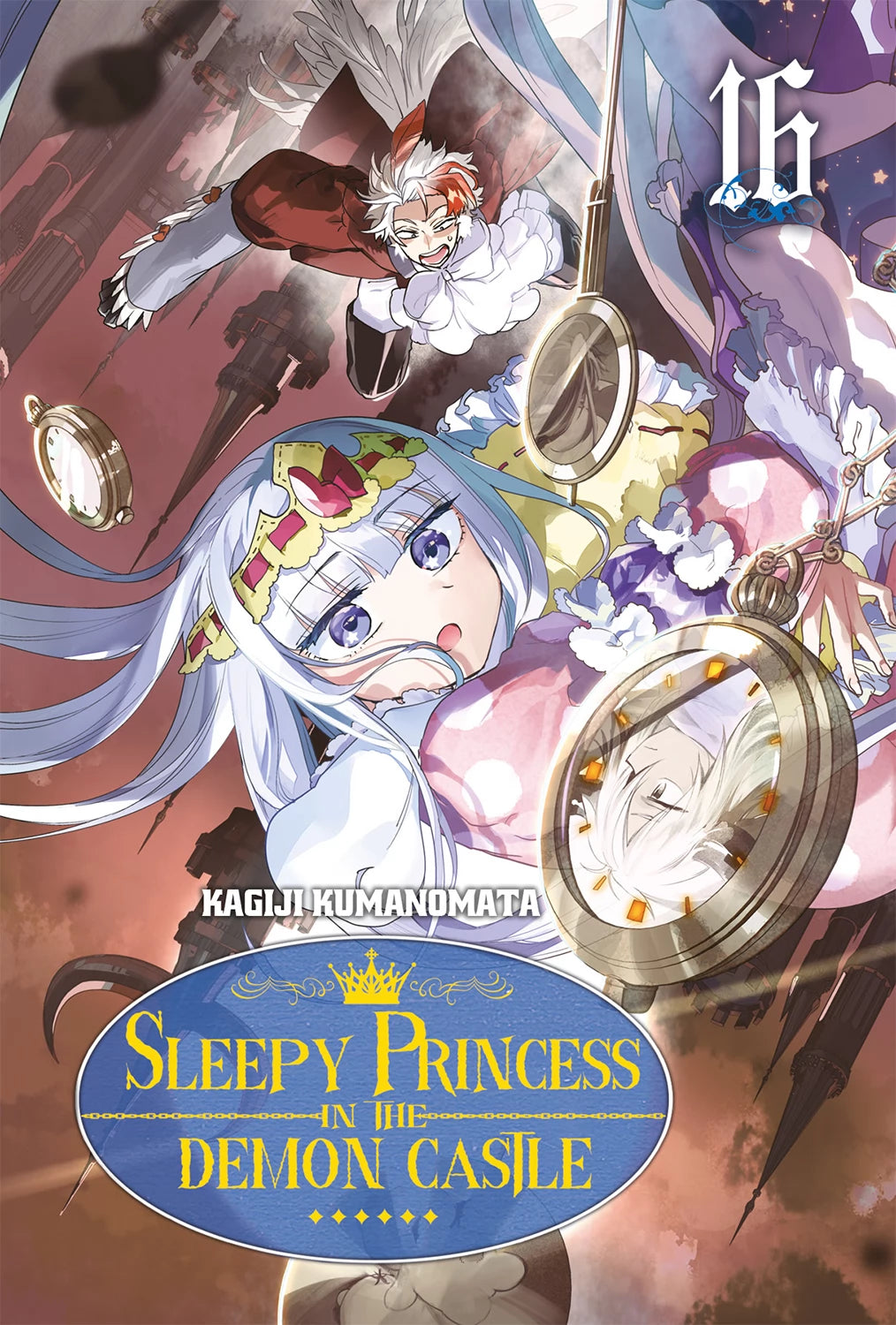 tome 16 de Sleepy Princess in the Demon Castle : la princesse Syalis flotte au milieu d’horloges géantes, visiblement à la recherche d’un nouvel endroit pour dormir, tandis que les démons s’affolent autour d’elle.