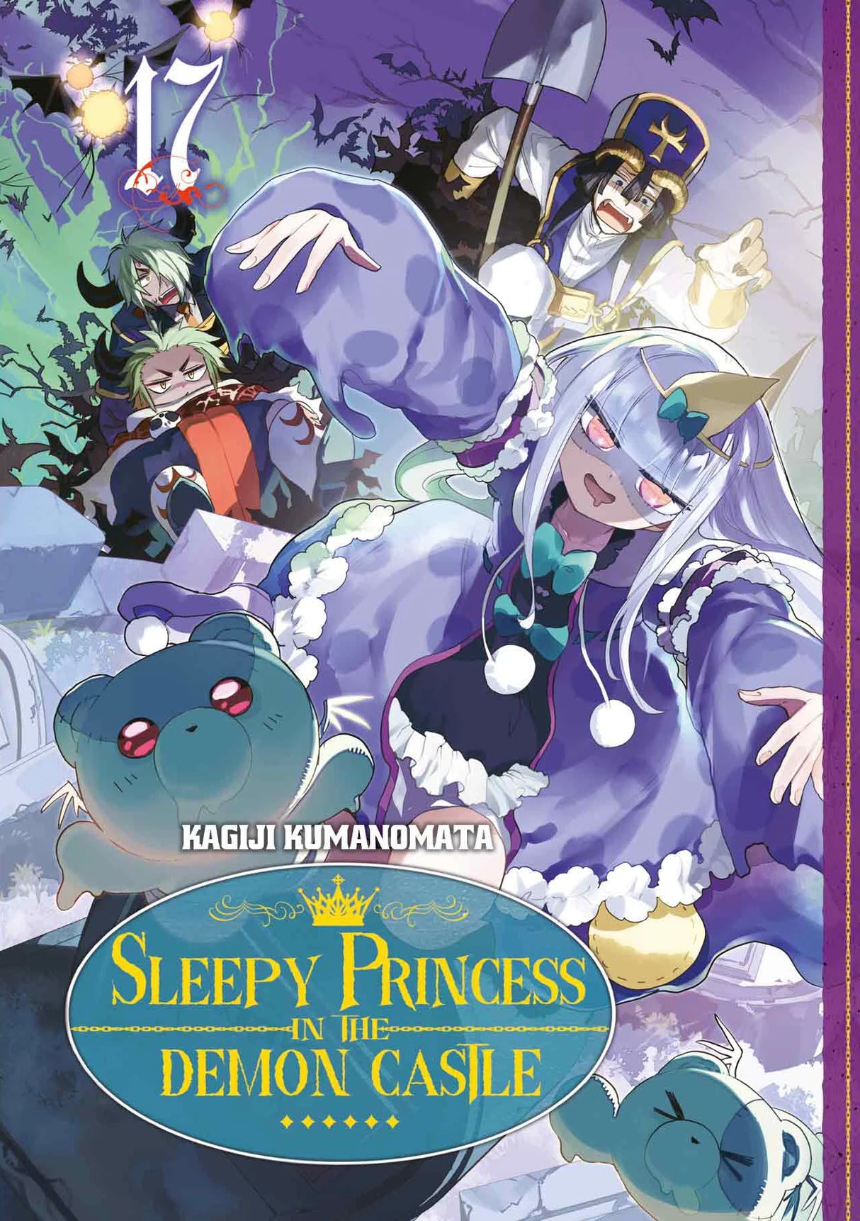 tome 17 de Sleepy Princess in the Demon Castle : la princesse Syalis se relève façon zombie dans un cimetière, entourée de peluches possédées et de démons complètement paniqués.