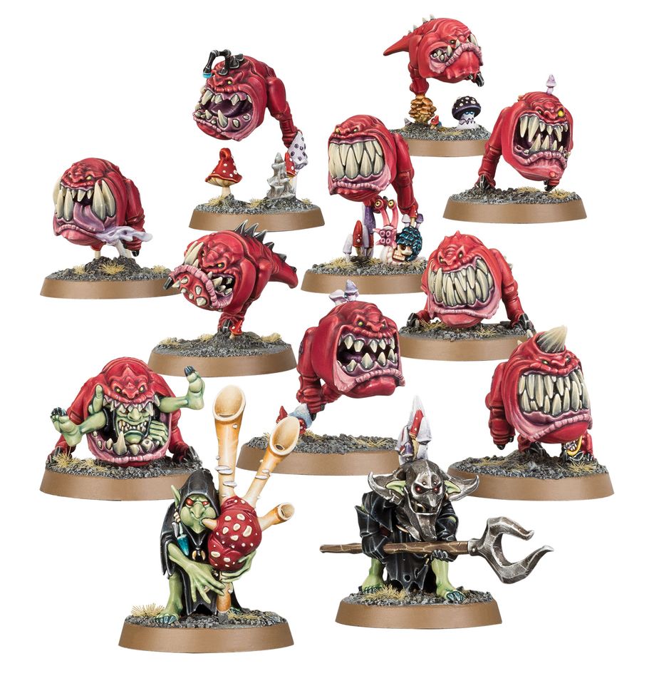 Boîte de figurines Warhammer Age of Sigmar – Gloomspite Gitz Squig Herd. Contient 10 squigs et 2 gobelins herders pour créer une unité chaotique et dévastatrice.