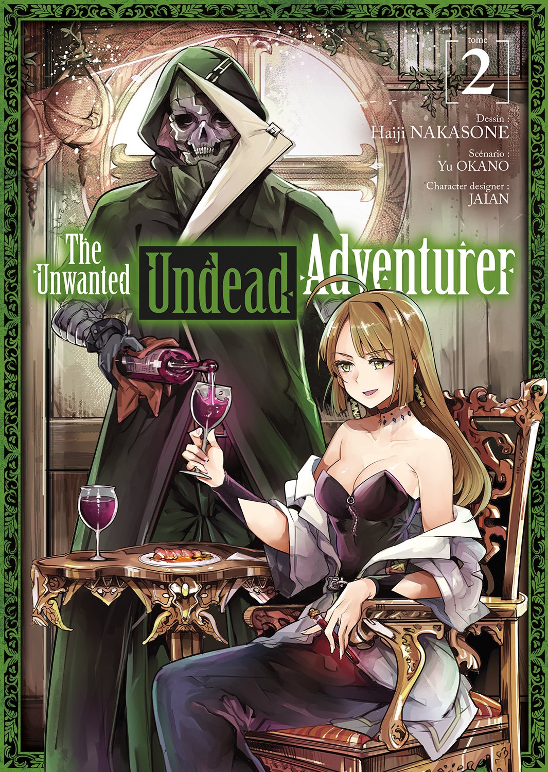 manga The Unwanted Undead Adventurer Tome 2 avec un aventurier squelette servant du vin à une femme élégante.
