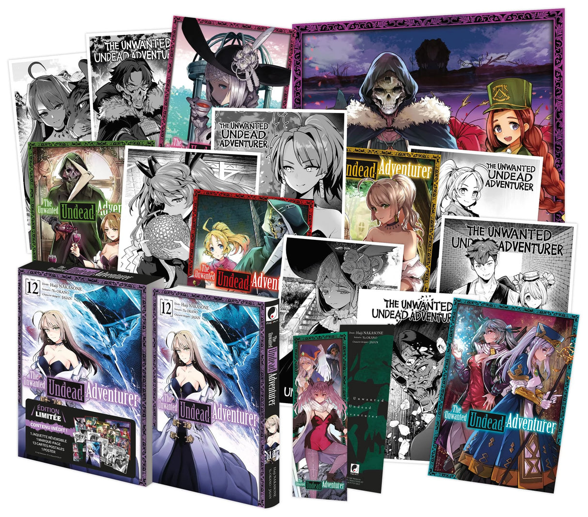 Édition collector du tome 12 de The Unwanted Undead Adventurer, incluant le manga, une jaquette réversible, des illustrations couleur et noir et blanc, et des cartes bonus.