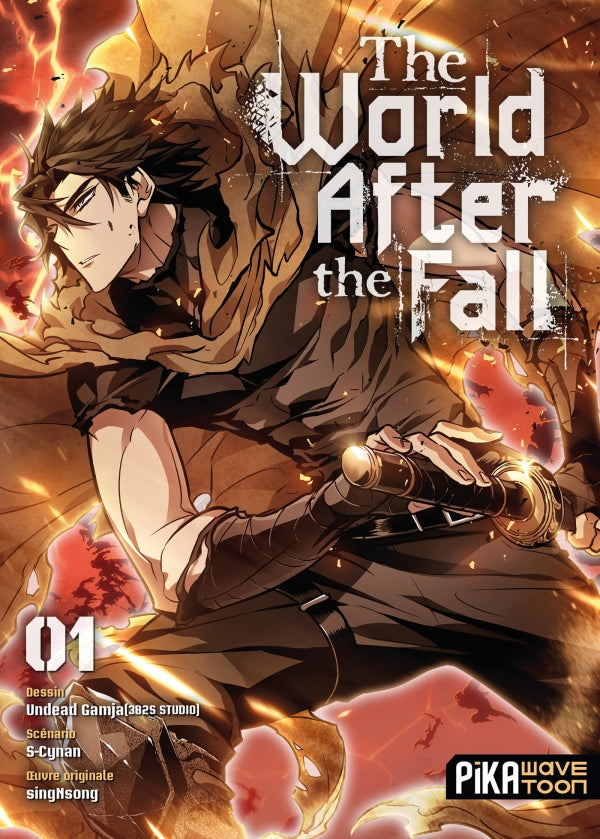 tome 1 de The World After the Fall, mettant en scène un héros en manteau brun armé d’un sabre, dans un univers apocalyptique aux teintes brûlées.