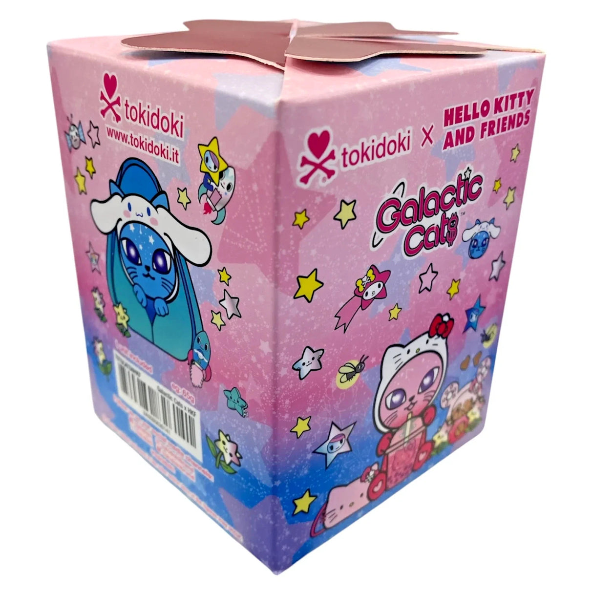 Boîte mystère Tokidoki x Hello Kitty and Friends Galactic Cats contenant une figurine aléatoire parmi 9 modèles.