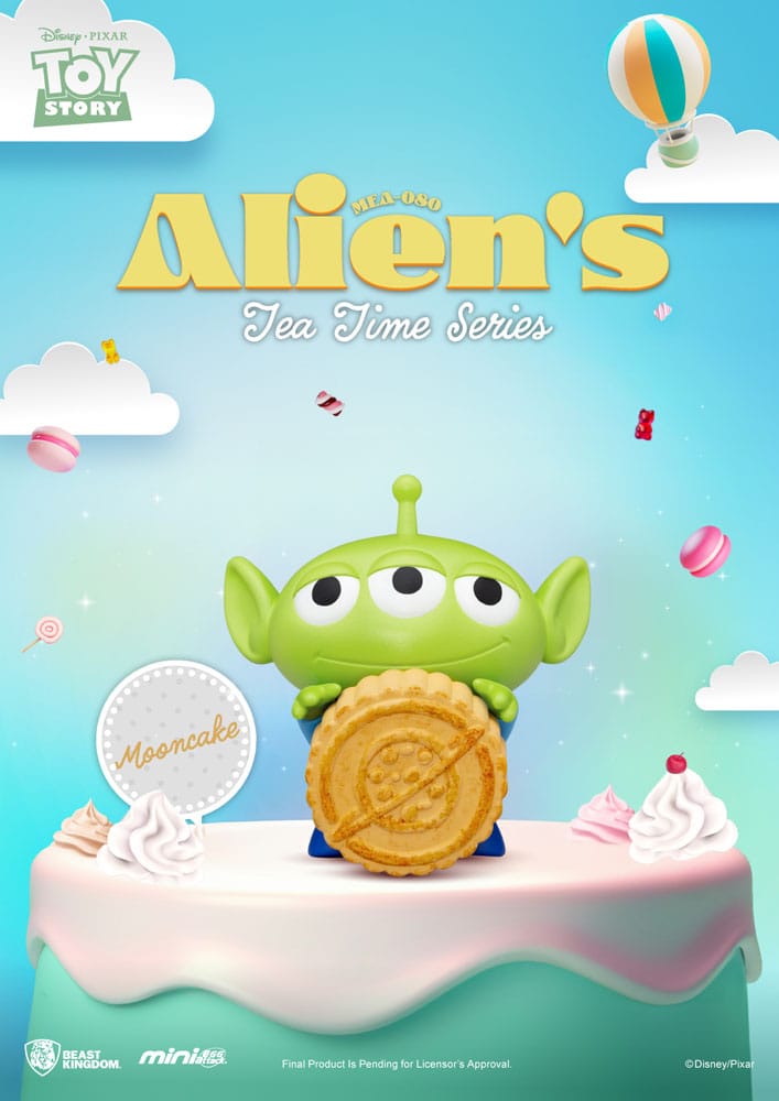 Blind Box Toy Story Alien’s Tea Time avec des figurines des Aliens de Toy Story sous forme de pâtisseries et desserts, créées par Beast Kingdom.