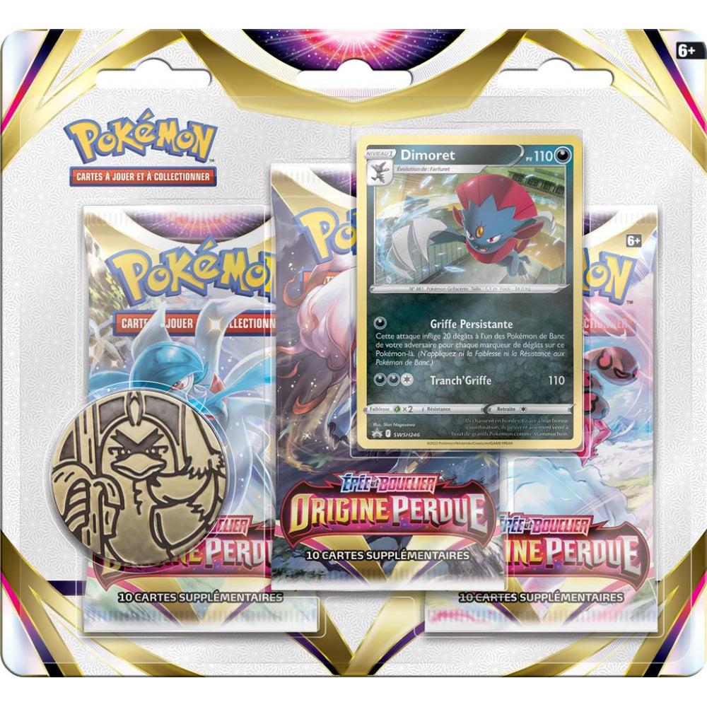 Tri-Pack Pokémon Épée et Bouclier Origine Perdue avec carte promo Regigigas ou Dimoret et pièce collector.