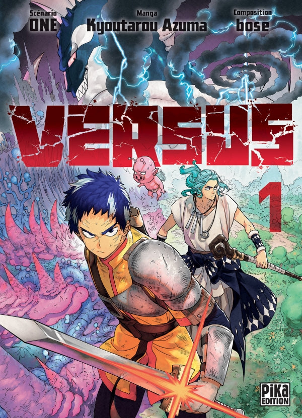 manga Versus Tome 1 avec des héros armés, une créature menaçante en arrière-plan et une ambiance de guerre fantastique