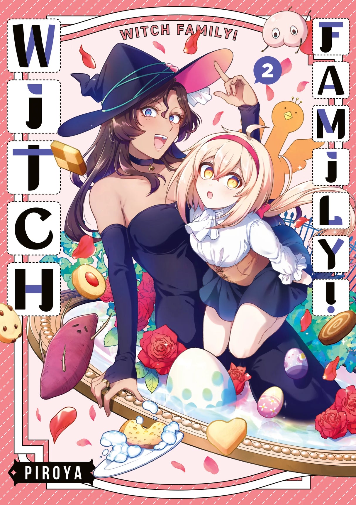Witch Family! Tome 2 : la grande sorcière souriante en robe moulante violette et chapeau noir pose joyeusement avec la petite sorcière aux oreilles de lapin, entourées de gâteaux, d’œufs colorés, de fleurs et de créatures rigolotes.