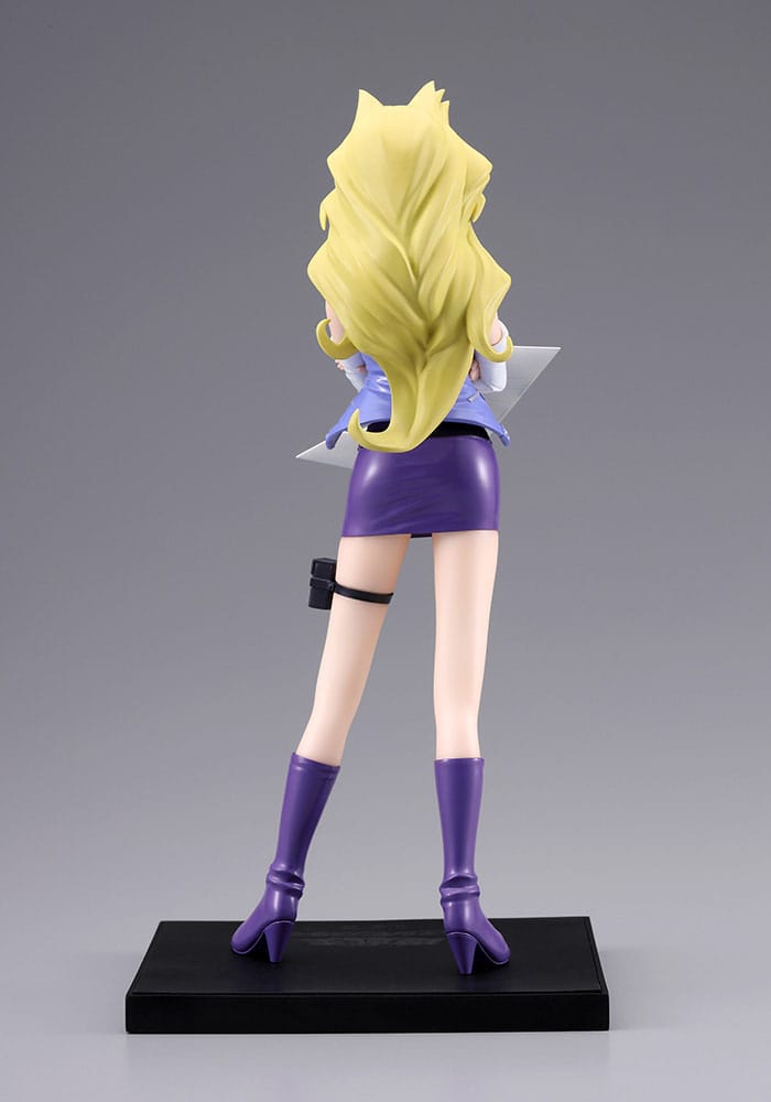 Figurine Yu-Gi-Oh! Oshi Works Mai Valentine 1/7, représentant Mai en tenue violette avec Duel Disk sur socle noir.