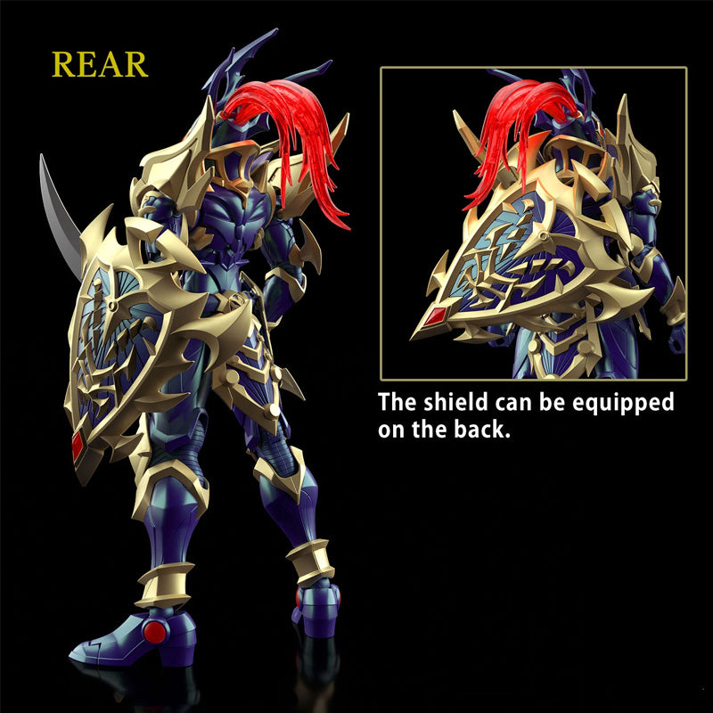 Maquette Yu-Gi-Oh! Figure-rise Standard Amplified Black Luster Soldier avec armure dorée et bleu nuit, sabre courbé et bouclier.