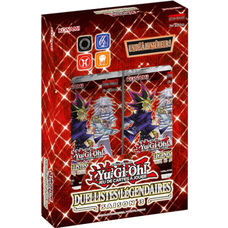 Coffret Yu-Gi-Oh! Duellistes Légendaires Saison 3 avec 2 boosters, une carte Ultra Rare et un dé collector.