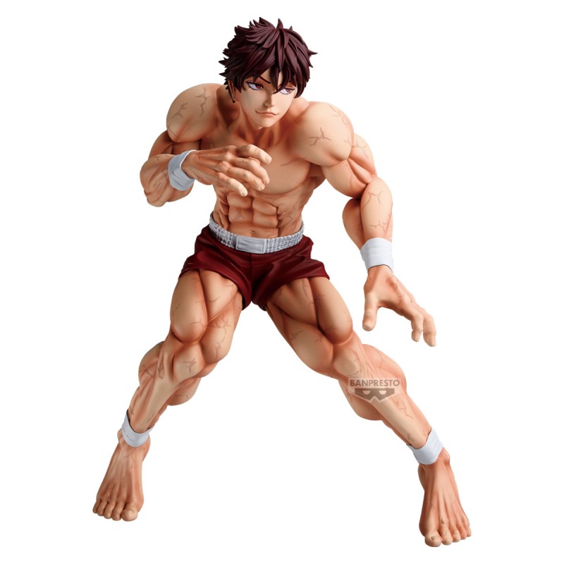 Figurine Baki Grandista Hanma Baki par Banpresto, représentant Baki en posture de combat avec musculature détaillée, short rouge et bandages blancs.