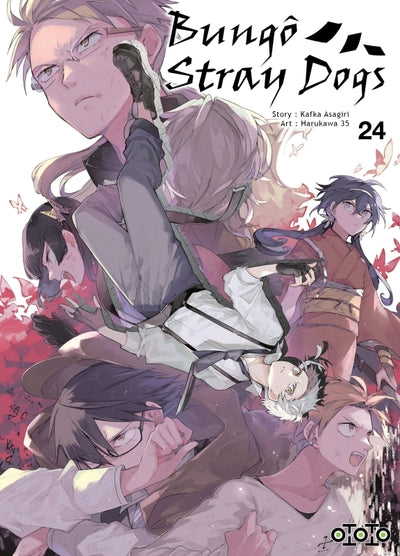 manga Bungô Stray Dogs tome 24, montrant plusieurs personnages en tension, sur un fond aux teintes rouges et grises.
