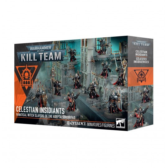 Boîte Warhammer Kill Team Célestes Insidiatrices Adepta Sororitas avec 10 figurines dans un décor industriel.