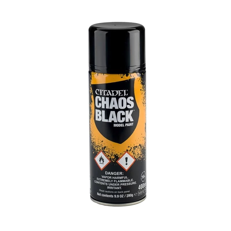 Spray de peinture Citadel Chaos Black 400 ml pour figurines, apprêt noir mat.