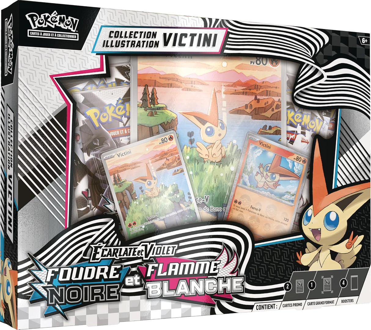 Coffret Pokémon Collection Illustration Victini – Écarlate & Violet Foudre Noire et Flamme Blanche, avec cartes promo, jumbo et 4 boosters.