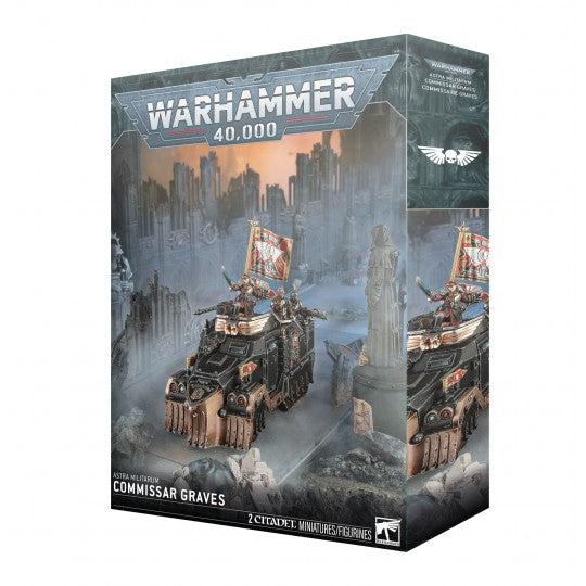 Boîte Warhammer 40,000 Astra Militarum Commissaire Graves avec véhicule blindé noir et personnages sur champ de bataille urbain.