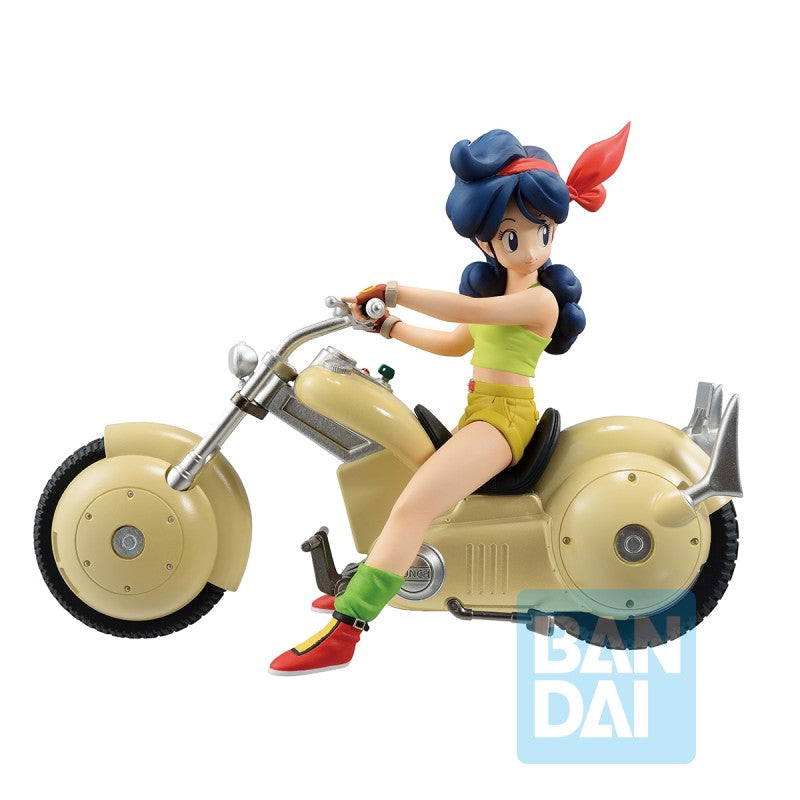 Figurine Dragon Ball Ichibansho Snap Collection : Lunch assise sur une moto rétro, version Bandai officielle.