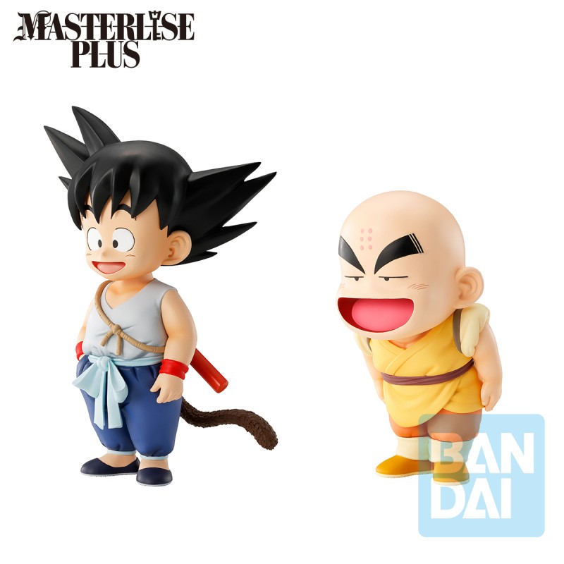 Figurines Dragon Ball Masterlise Plus : Son Goku enfant et Krilin en tenue d’entraînement, version Bandai officielle.