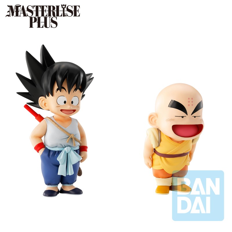 Figurines Dragon Ball Masterlise Plus : Son Goku enfant et Krilin en tenue d’entraînement, version Bandai officielle.
