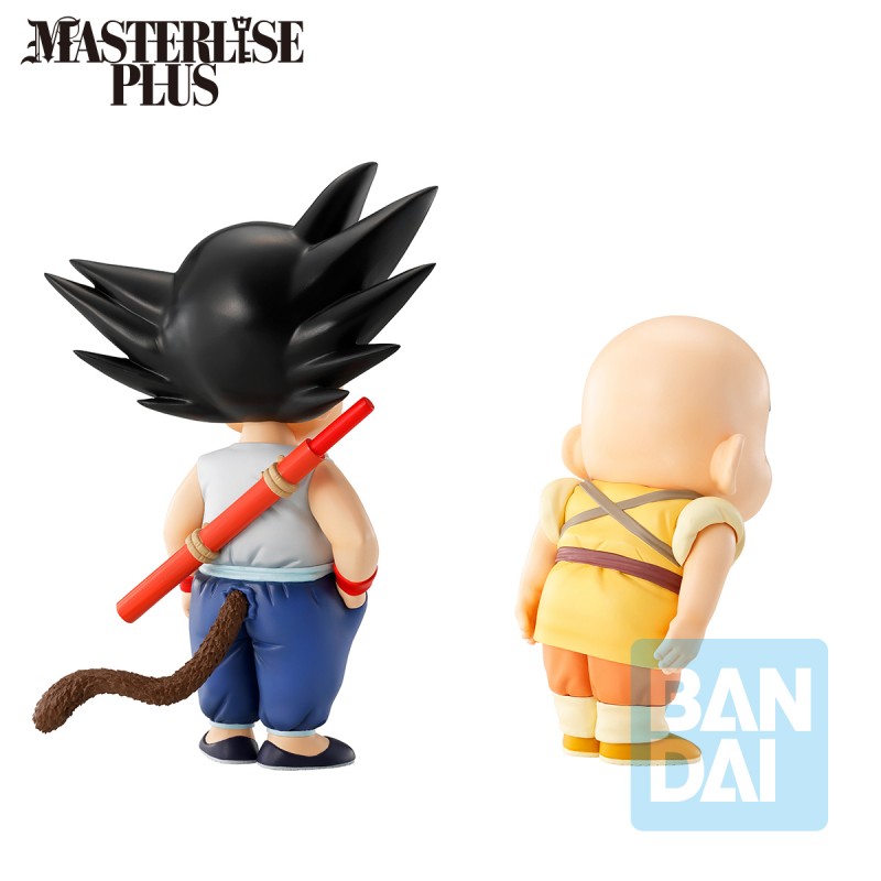 Figurines Dragon Ball Masterlise Plus : Son Goku enfant et Krilin en tenue d’entraînement, version Bandai officielle.