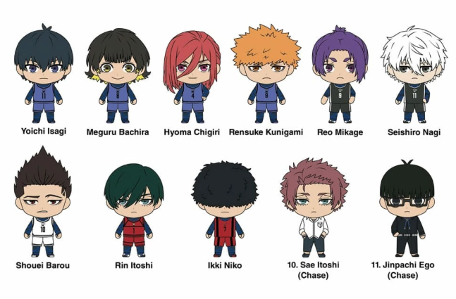 Blue Lock Figural Bag Clip Series 1, contenant des sachets surprises avec des porte-clés à l’effigie des personnages du manga Blue Lock dans un style chibi.