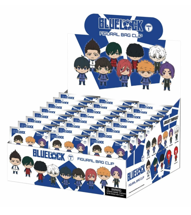 Blue Lock Figural Bag Clip Series 1, contenant des sachets surprises avec des porte-clés à l’effigie des personnages du manga Blue Lock dans un style chibi.
