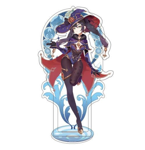 Figurine acrylique de Mona, personnage de Genshin Impact, en tenue d’astrologue violette avec fond bleu représentant l’élément Hydro