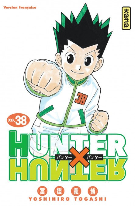 manga Hunter × Hunter tome 38, montrant Gon en tenue blanche et verte, souriant et lançant un coup de poing vers l’avant.